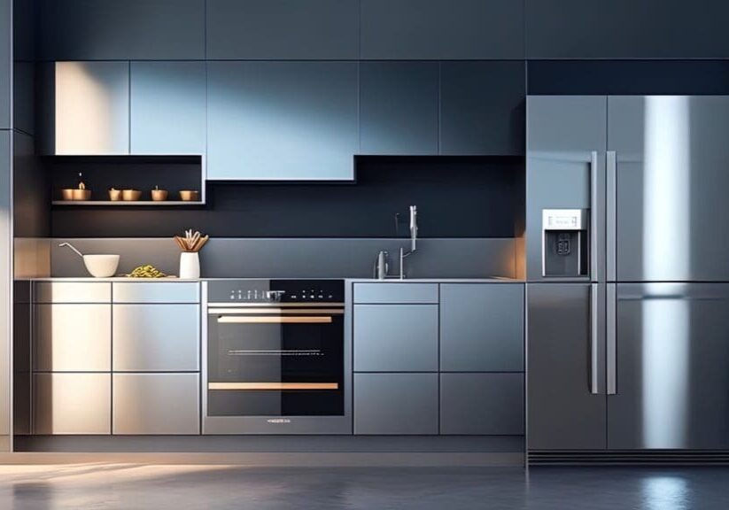 A kitchen with stainless steel cabinets and appliances.